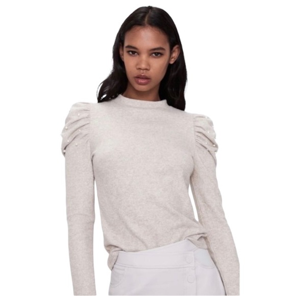 Zara Sweaters Zara Oatmeal Pearl Puff Sleeve Long Sleeve Sweater L